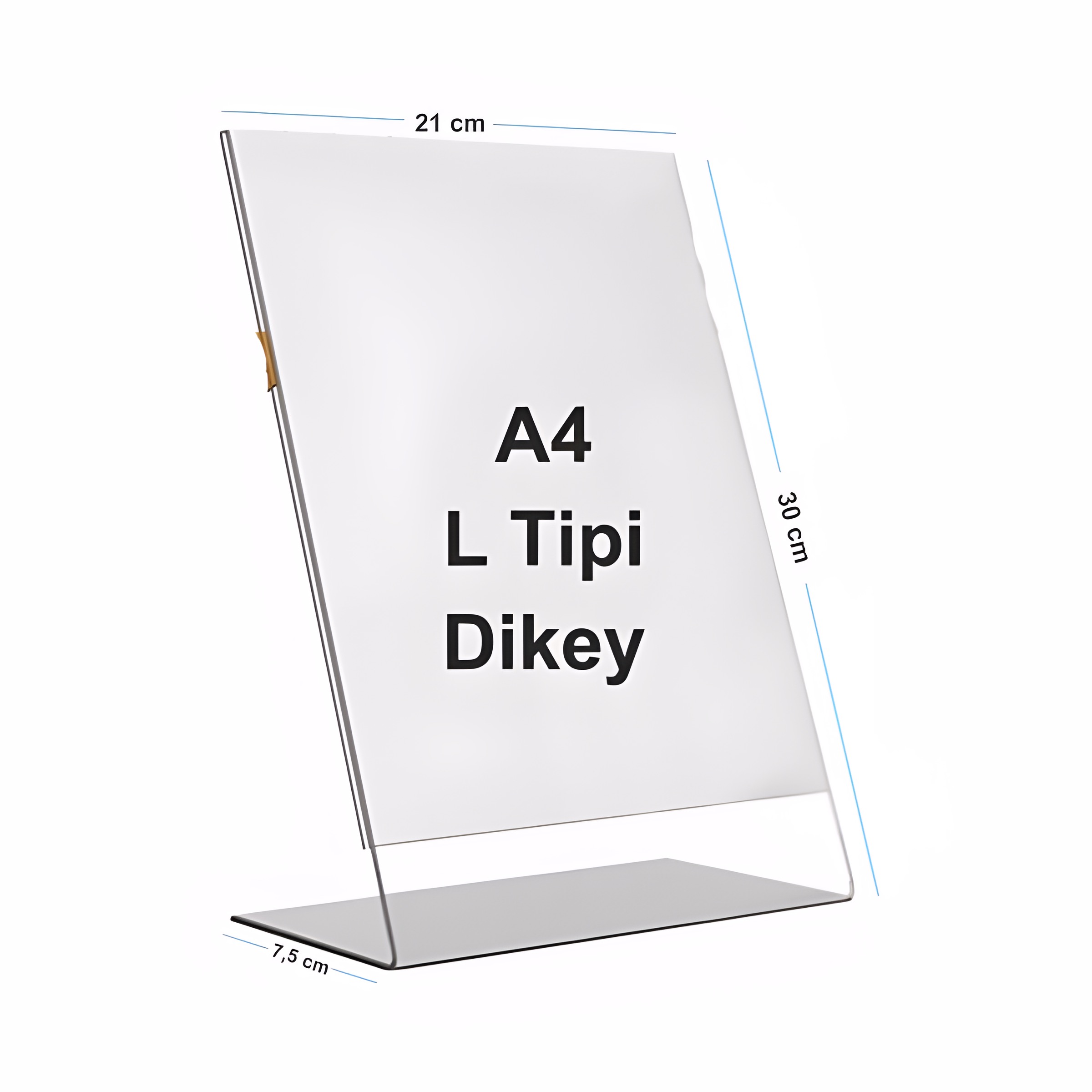 A4 L Tipi Dikey Pleksi Broşür Standı ölçüleri: 21×30 Cm, Taban Derinliği 7,5 Cm