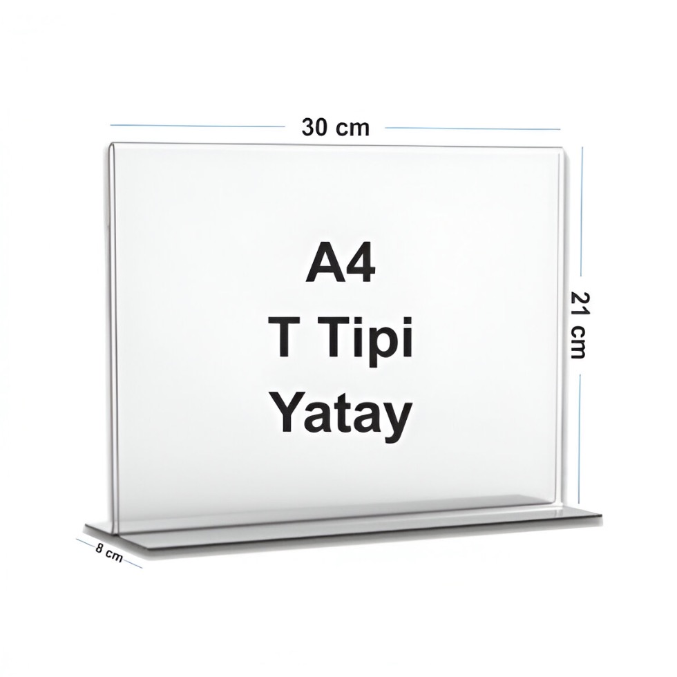 A4 T Tipi Yatay şeffaf Masa Menü Standı ölçüleri: 30×21 Cm, Taban Derinliği 8 Cm
