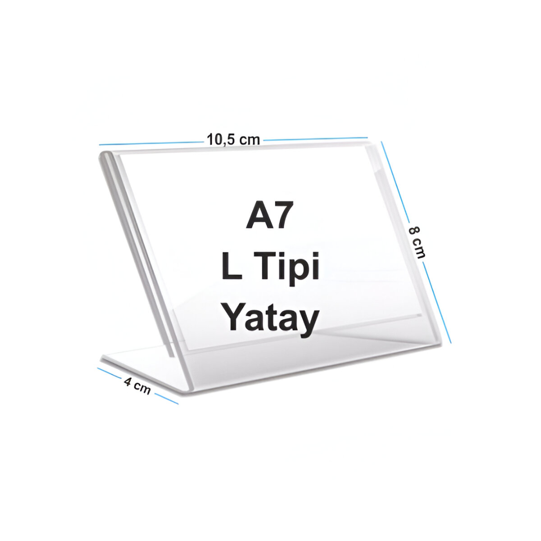 A7 L Tipi Yatay Pleksi Kart Tutucu ölçüleri: 10,5×8 Cm, Taban Derinliği 4 Cm