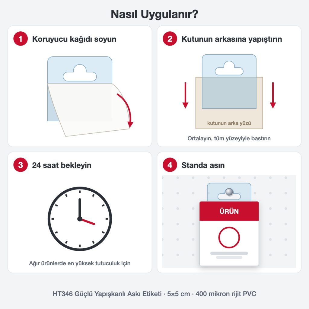 Askı etiketi nasıl uygulanır Askı etiketi uygulama adımları: koruyucu kağıdı soyun, kutunun arkasına yapıştırın, 24 saat bekleyin, standa asın
