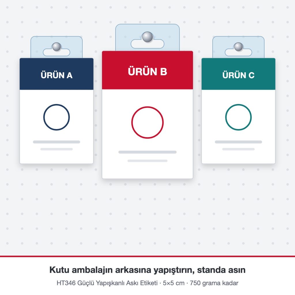 Güçlü yapışkanlı askı etiketi stand kullanımı Güçlü yapışkanlı askı etiketi ile mağaza standına asılmış kutu ambalajlar