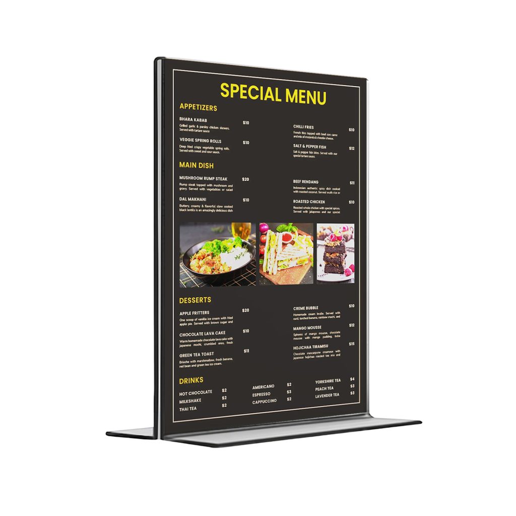 Restoran kafe pleksi menü tutucu T stand Restoran ve kafe masası için menü sergilenen şeffaf pleksi T tipi masaüstü menü tutucu